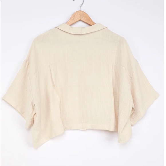 Lulu’s Exclusive Beige Seersucker Button-Up Top - Picture 5 of 6